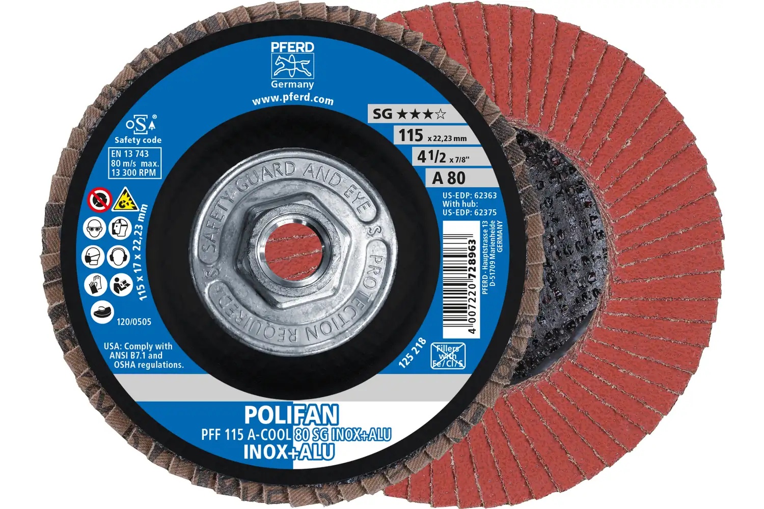Picture of Pferd Flap Disc, 4-1/2" x 5/8-11, A-Cool SG Inox+ALU, 80 Grit, T27, Flat, Aluminum oxide
